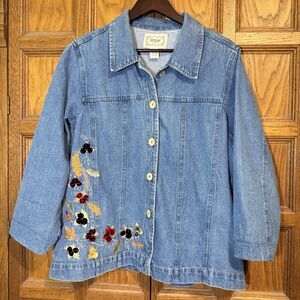 Tantrums Blue Denim Jean Jacket Women's XXL Floral Embroidery Button Front Coat